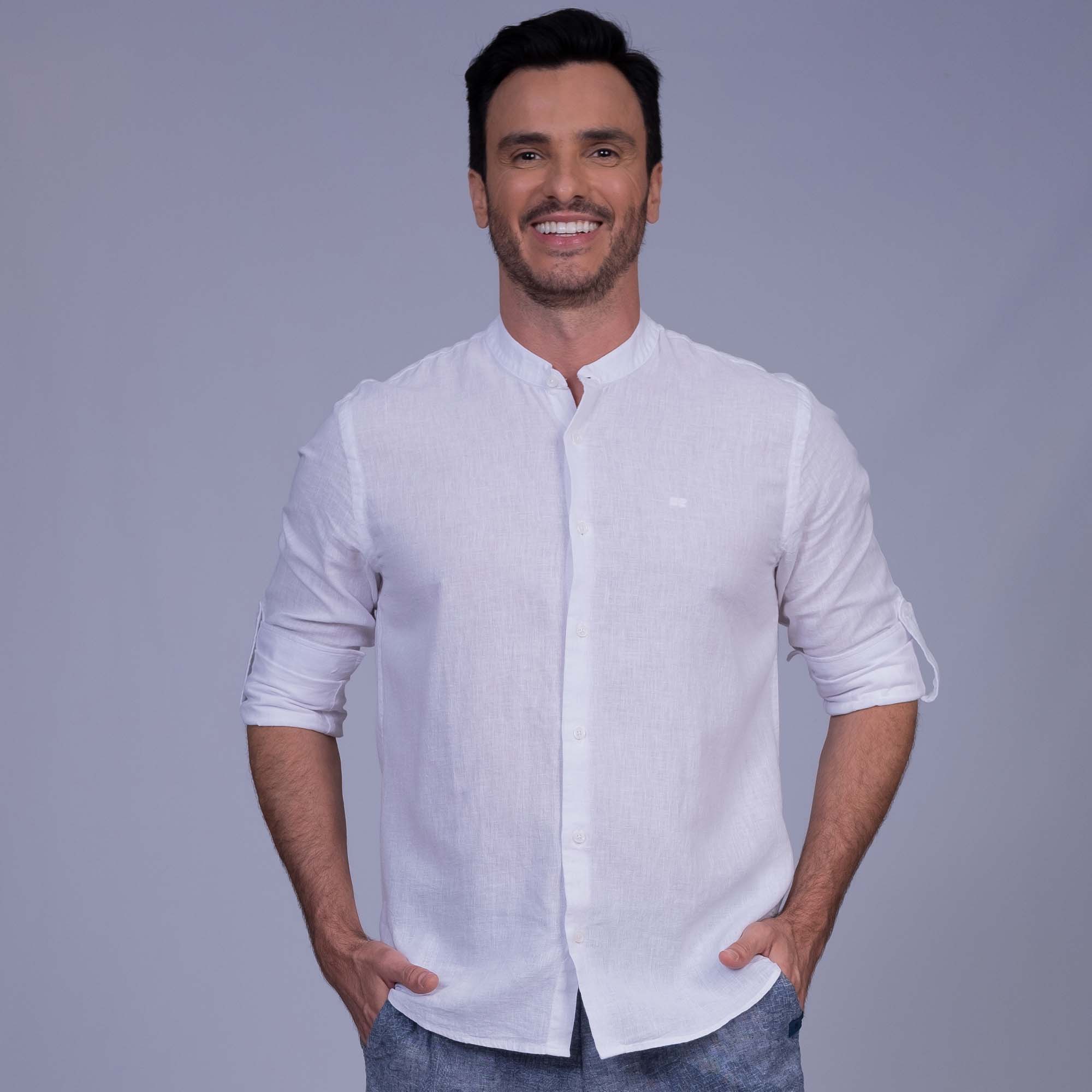 Camisa Manga Longa Slim Linho Misto Gola Padre